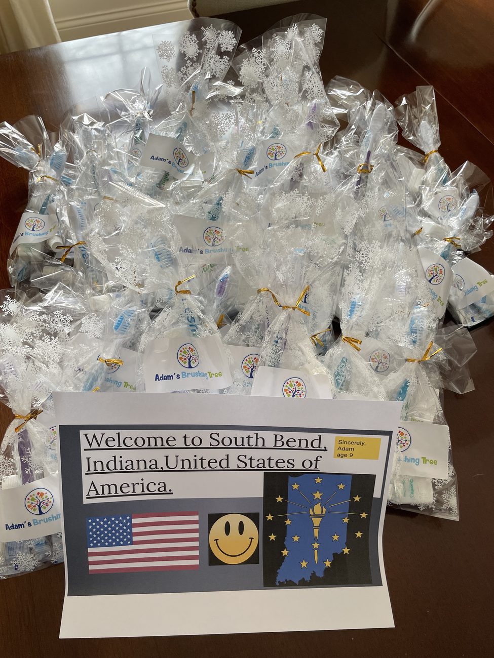 A large pile of clear snowflake bags with gold twist ties and Adam's Brushing Tree tags, with a printed welcome note signed Adam age 9 on top