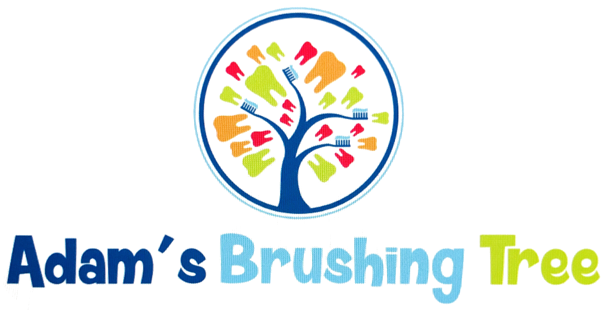 Adam's Brushing Tree logo: a tree whose leaves are colorful teeth and whose branches are toothbrushes