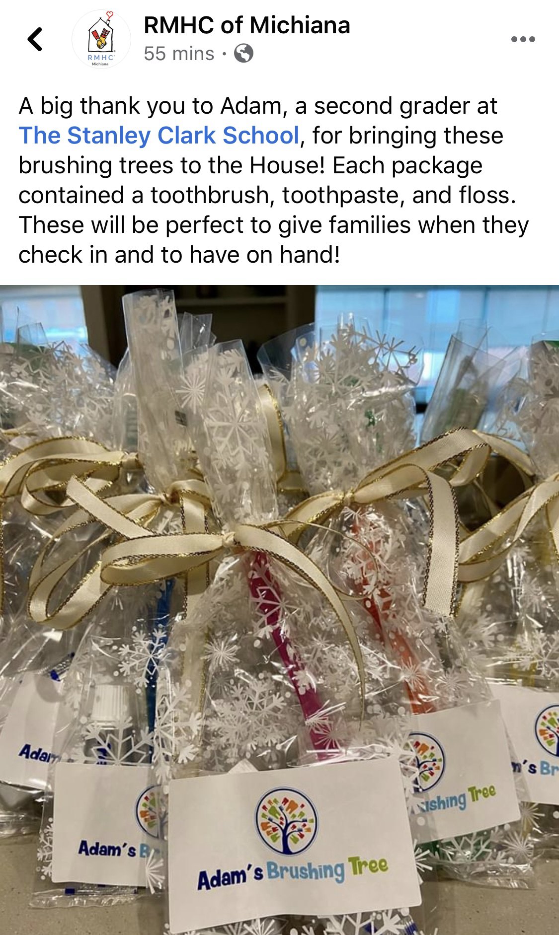 Screenshot of a Facebook post from Ronald McDonald House Charities of Michiana thanking Adam for bringing bags with a toothbrush, toothpaste and floss, which they will give to families when they check in